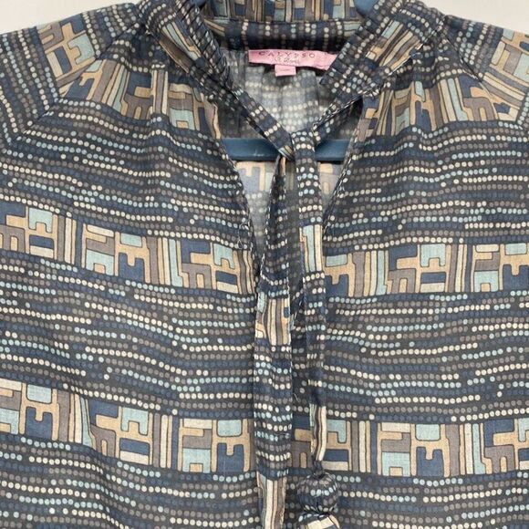 Calypso St Barth Ruffle Neck Popover Blouse Tie Neck  Mint / Beige Small‎ - Picture 5 of 15